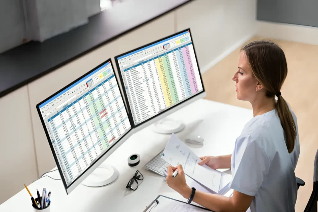 woman working at a desk with two computer monitors, focused on medical billing