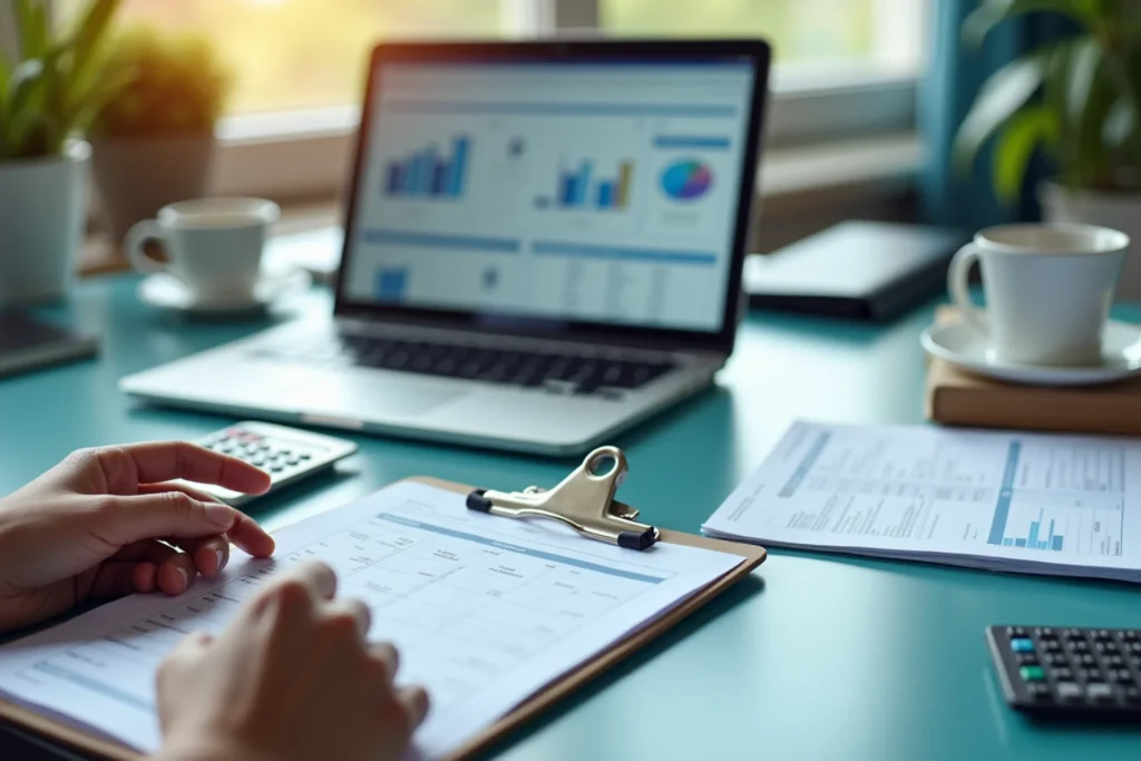 Businesswoman's hands holding a clipboard and pen on a desk with a laptop and papers, emphasizing revenue cycle management