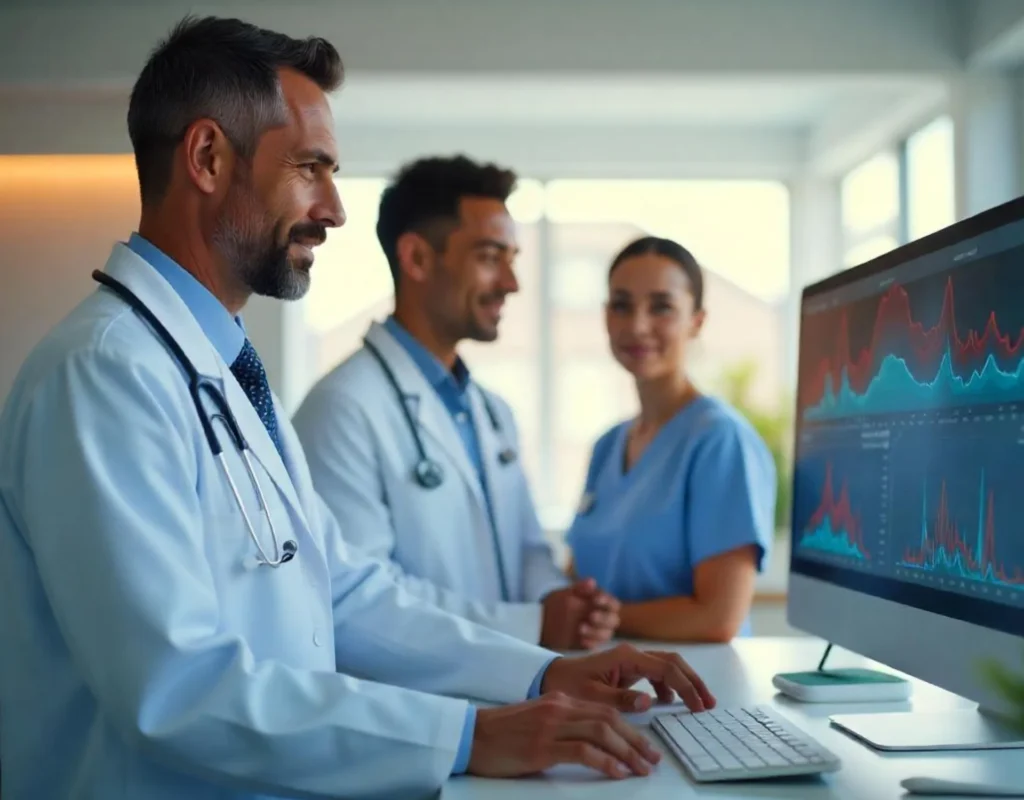 Healthcare professionals analyzing healthcare IT and revenue cycle management data on a computer screen in a modern medical office