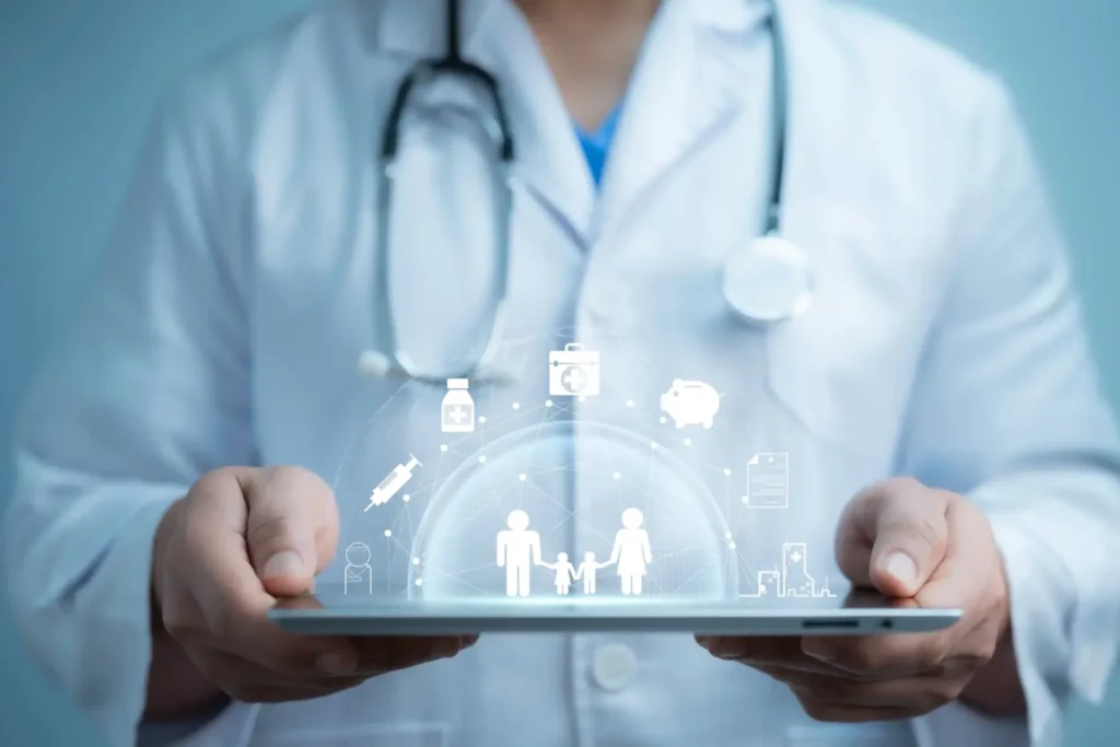 Physician with a tablet showing medical device icons, illustrating an RCM system that promotes care and sustainability